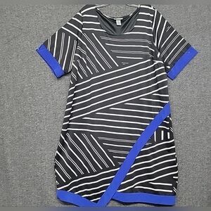 Catherines Dress Womens 2X Asymmetric Hem Black White Blue Stripe